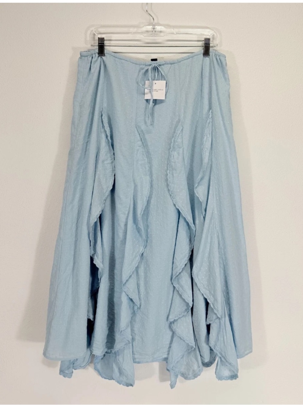 American Eagle Maxi Skirt Cascade Ruffle Textured Cotton Light Blue Boho Size L - Picture 12 of 12